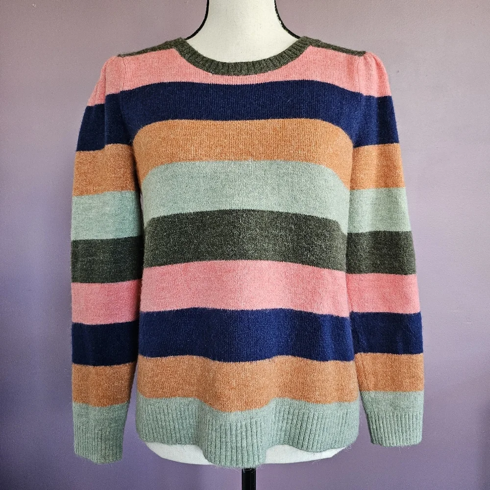 Talbots Multicolor Bold Stripe Acrylic Blend Puff Shoulder Crew Neck Sweater - Picture 2 of 8